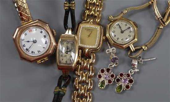 Three ladys wrist watch including two 9ct gold, a boxed Raymond Weil watch and a pair of 925 earrings.